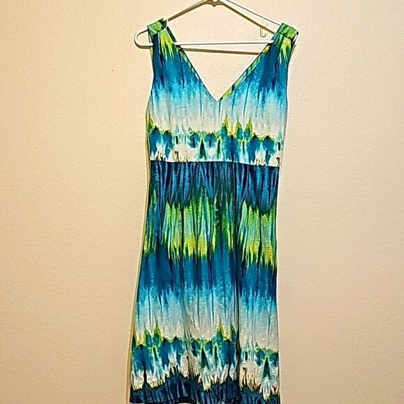 Tommy Bahama Blue and Green Criss Cross Flowy Midi Dress size large - Picture 1 of 8